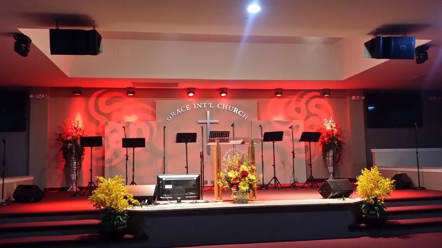 Completed sanctuary stage with worship lighting